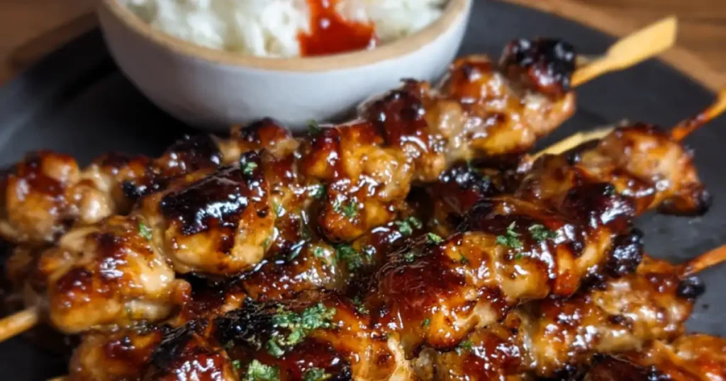 juicy grilled chicken skewers glazed with sticky sauce, served with rice and chili