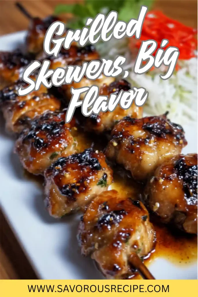 sticky grilled chicken skewers with charred glaze, served with shredded cabbage and red chili