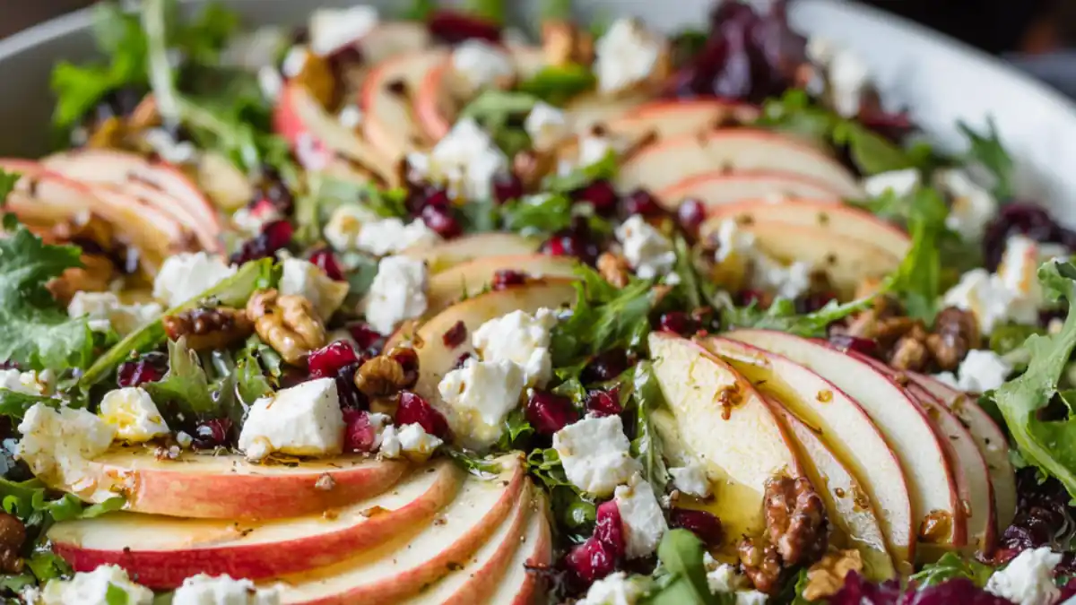 Fresh apple feta salad with arugula, walnuts, and pomegranate in a white bowl