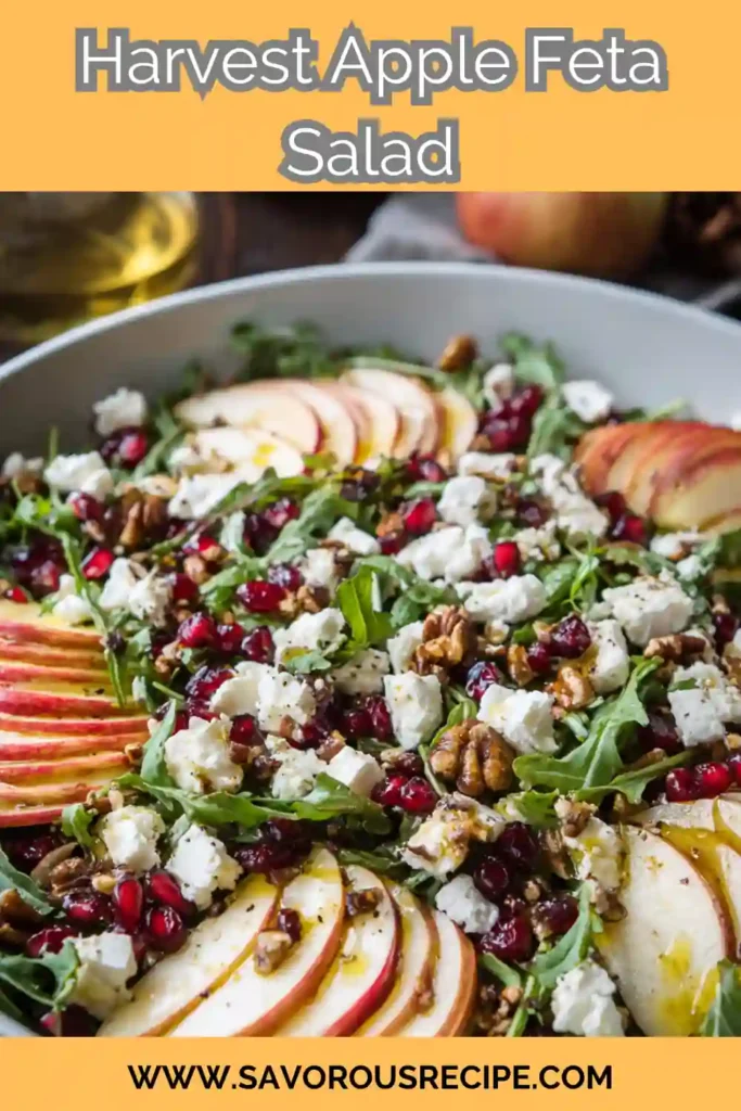 Fall salad with sliced apples, feta cheese, arugula, pomegranate seeds, and walnuts