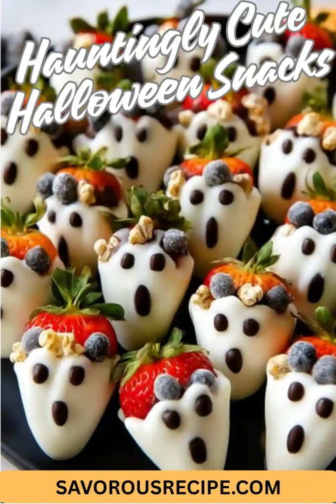 White chocolate-covered strawberries decorated as ghost faces with candy eyes and toppings, arranged for Halloween