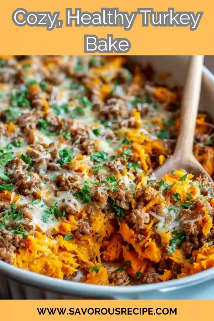 turkey sweet potato bake topped with cheese, parsley and text overlay
