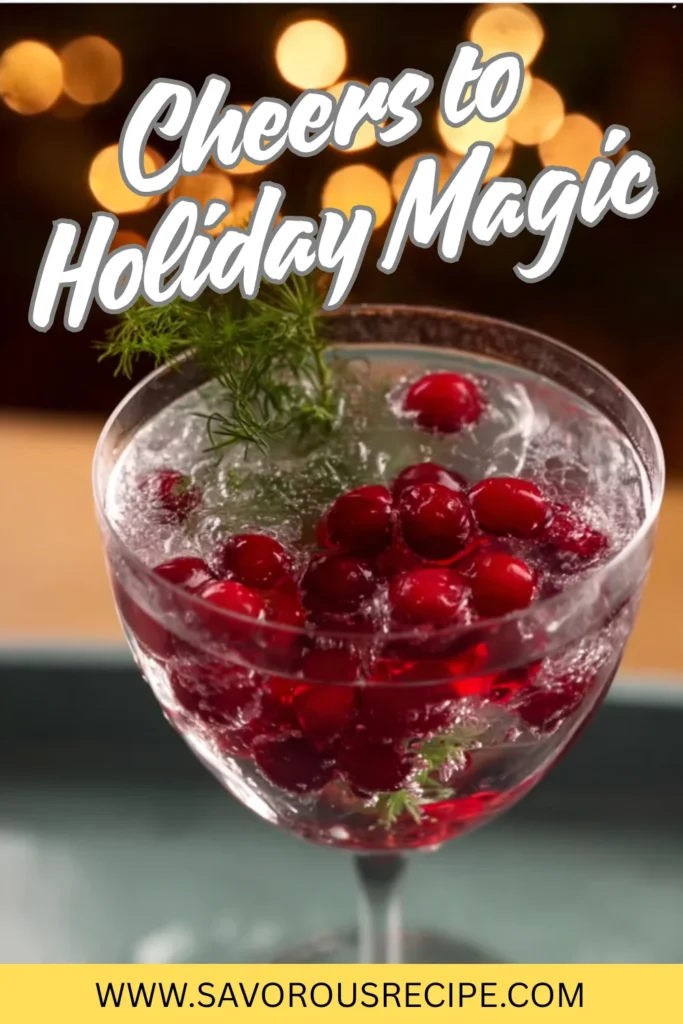 Holiday mocktail with cranberries and dill in a sparkling coupe glass, festive bokeh background