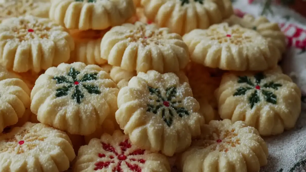 holiday spritz cookies with red and green snowflake designs dusted with powdered sugar