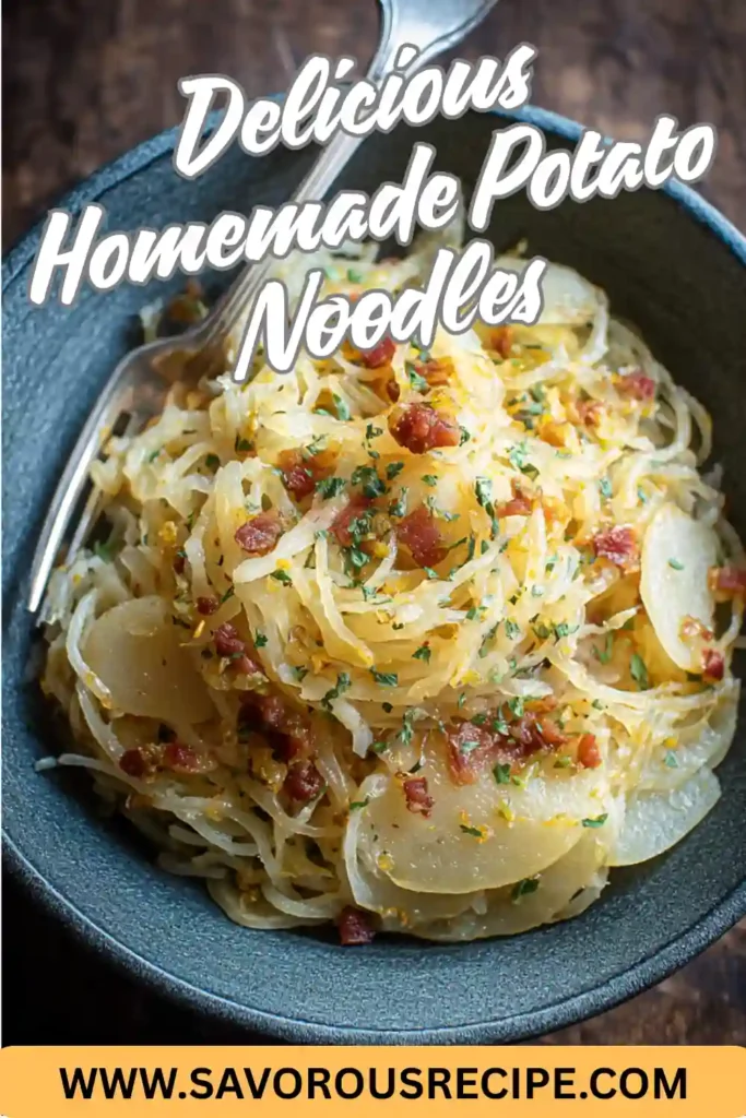 bowl of homemade potato noodles with bacon bits and fresh herbs, fork in bowl