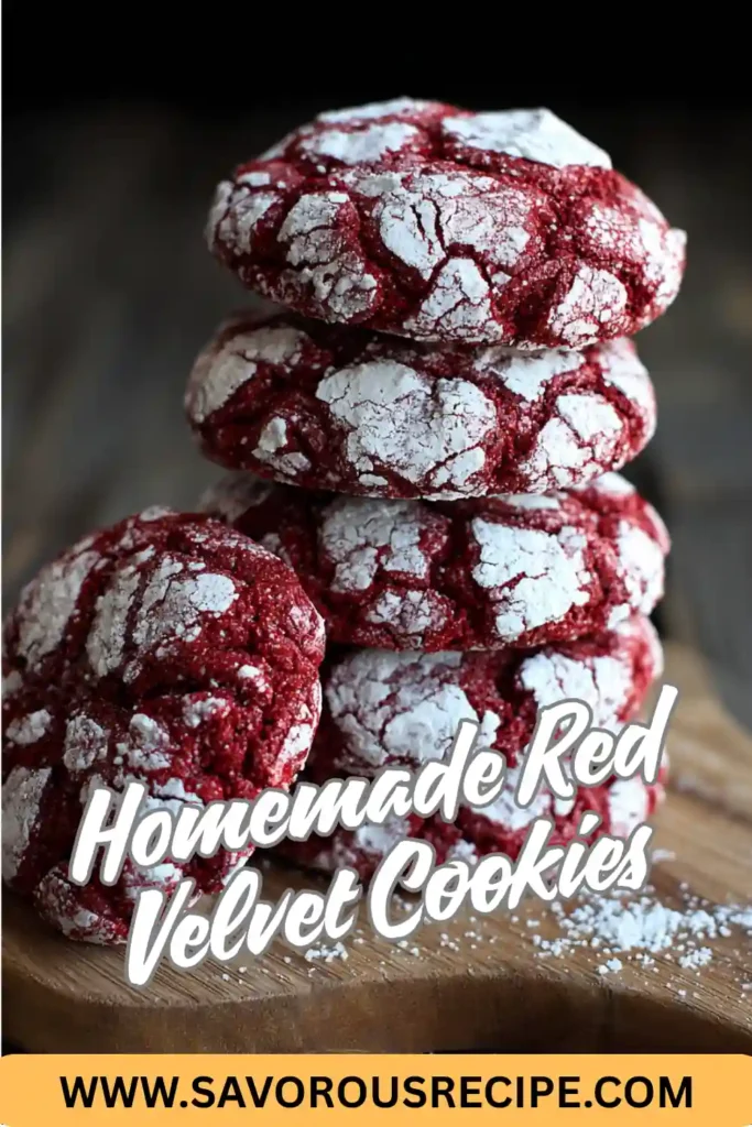 homemade red velvet crinkle cookies stacked on wooden board with powdered sugar