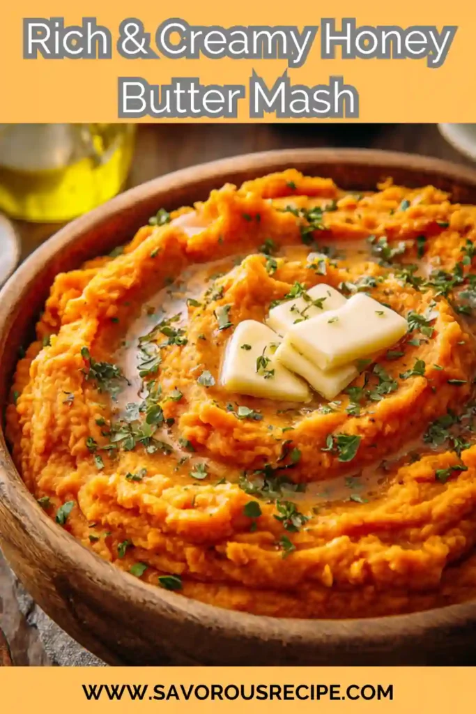 rich and creamy mashed sweet potatoes topped with melting butter and herbs in a wooden bowl