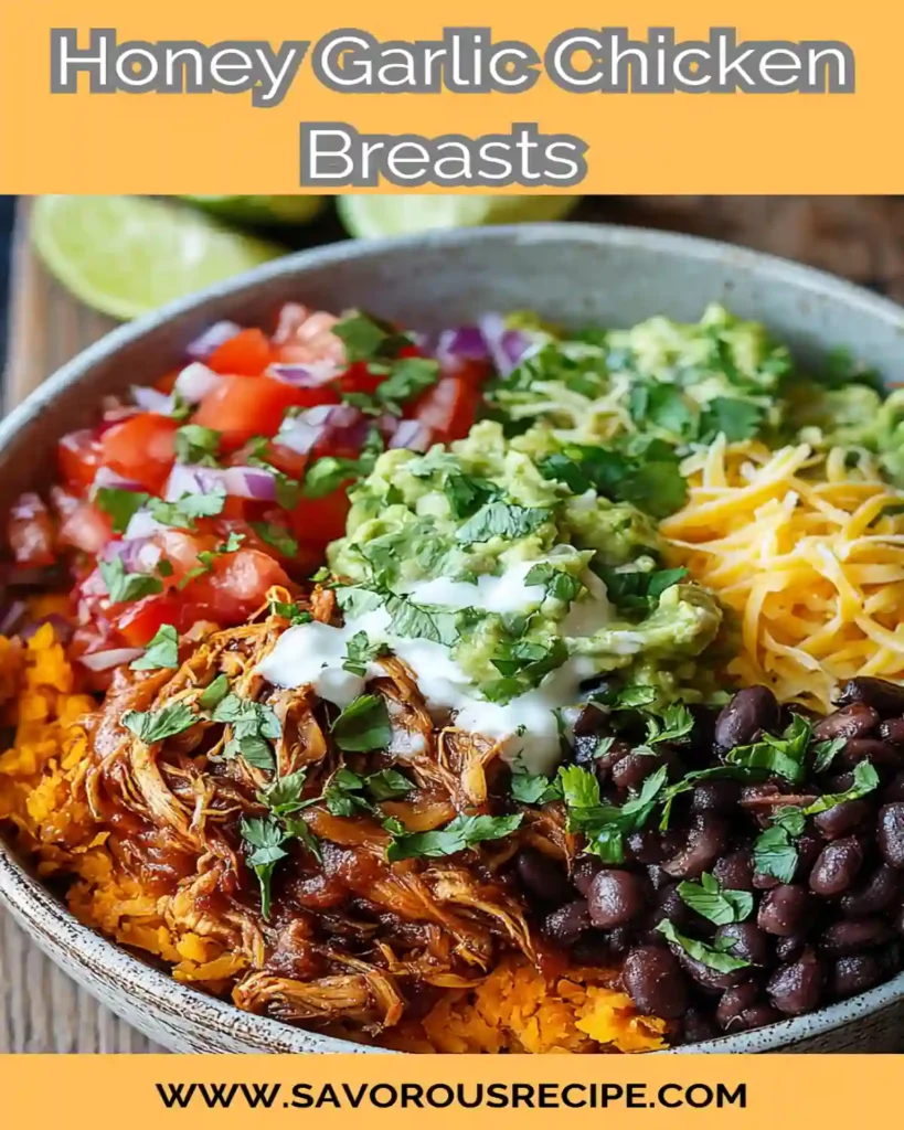 vertical honey garlic chicken burrito bowl with guacamole, black beans, cheese, and fresh tomato salsa