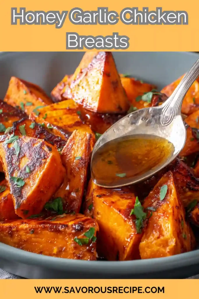roasted sweet potatoes drizzled with honey garlic glaze and garnished with parsley