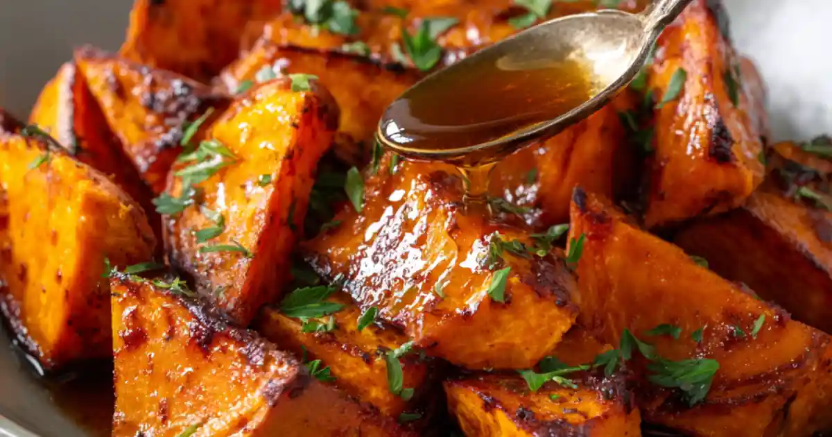 roasted sweet potato wedges drizzled with honey and garnished with fresh herbs