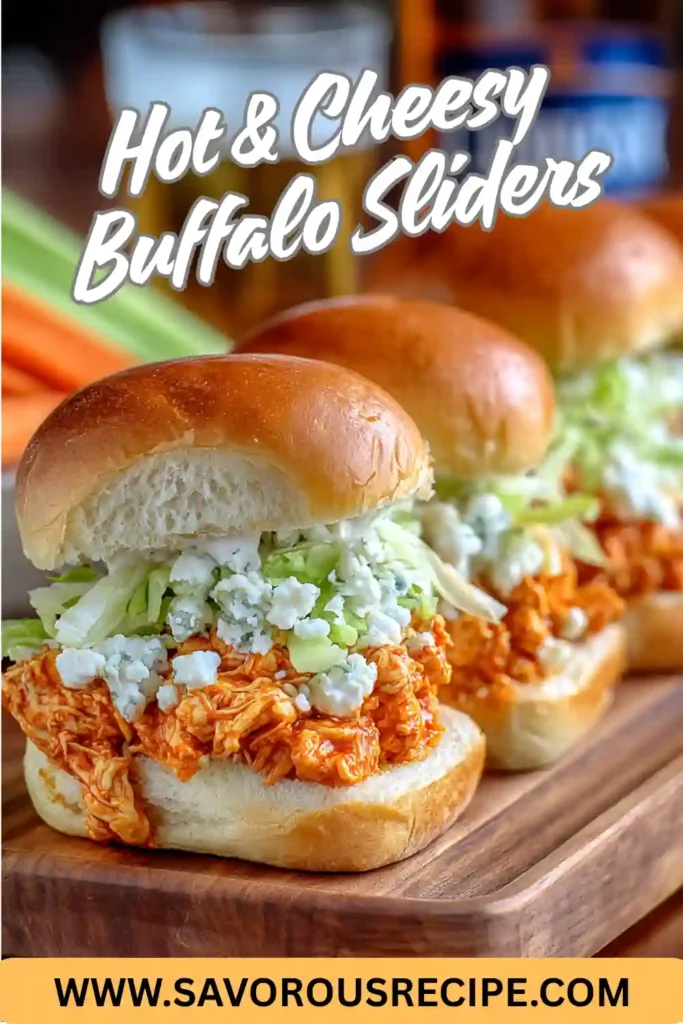 Buffalo chicken sliders topped with blue cheese crumbles and lettuce on soft toasted buns