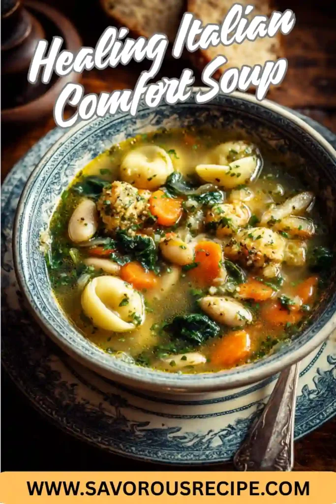 healing Italian soup with carrots, white beans, spinach, and meatballs in a patterned bowl