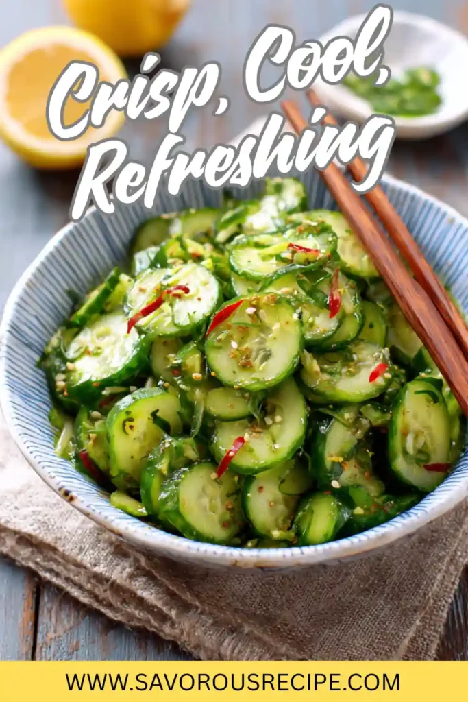 fresh Japanese cucumber salad with sesame seeds, chili slices, and soy dressing in a striped bowl with chopsticks