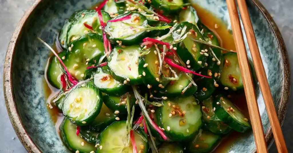 Japanese cucumber salad with sesame seeds, red chili, and soy dressing served in a ceramic bowl with chopsticks