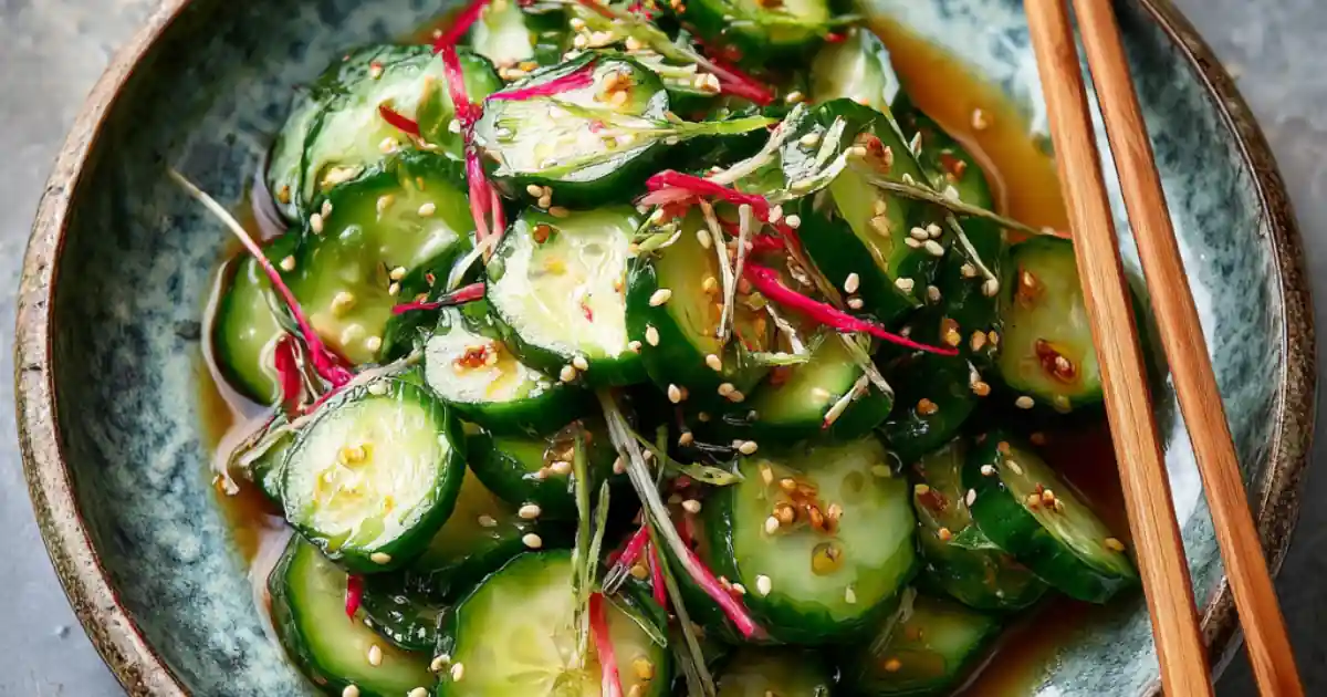 Japanese cucumber salad with sesame seeds, red chili, and soy dressing served in a ceramic bowl with chopsticks