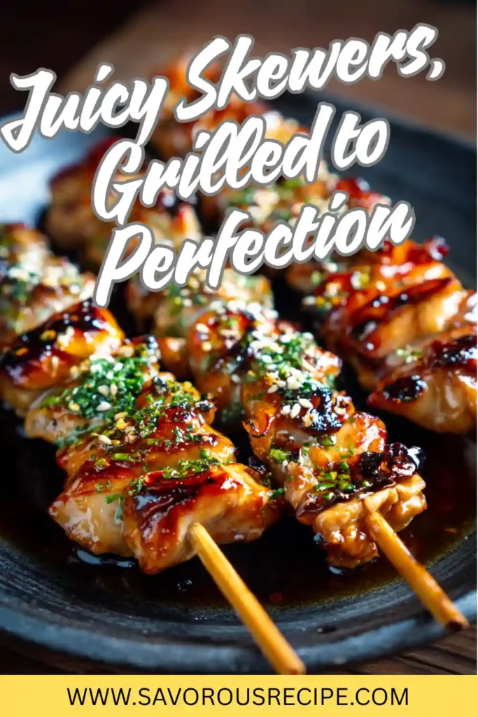 juicy grilled chicken skewers with glaze, sesame seeds, and herbs served on a black plate