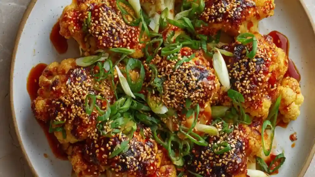 roasted cauliflower with sticky Korean sauce, sesame seeds, and scallions on a ceramic plate