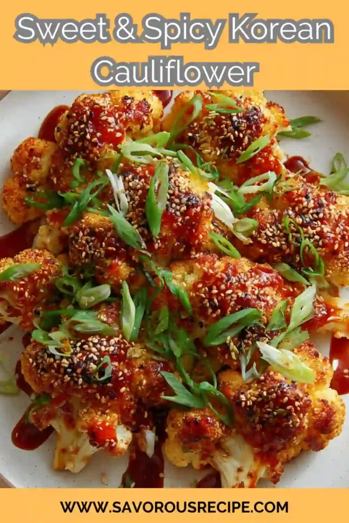 crispy roasted cauliflower with Korean gochujang sauce, sesame seeds, and sliced scallions on a plate