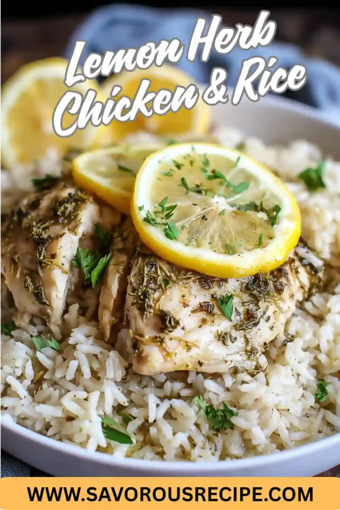 lemon herb chicken served on fluffy white rice with fresh parsley and lemon slices