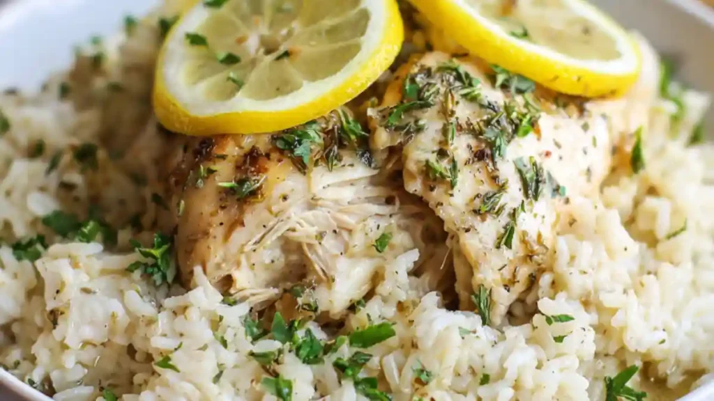 shredded lemon herb chicken breast on white rice with parsley and fresh lemon slices