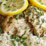 shredded lemon herb chicken breast on white rice with parsley and fresh lemon slices