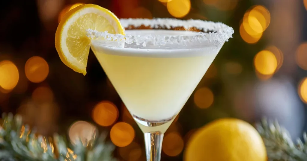 Frosted lemon cocktail in a martini glass with sugared rim and lemon slice, festive bokeh background