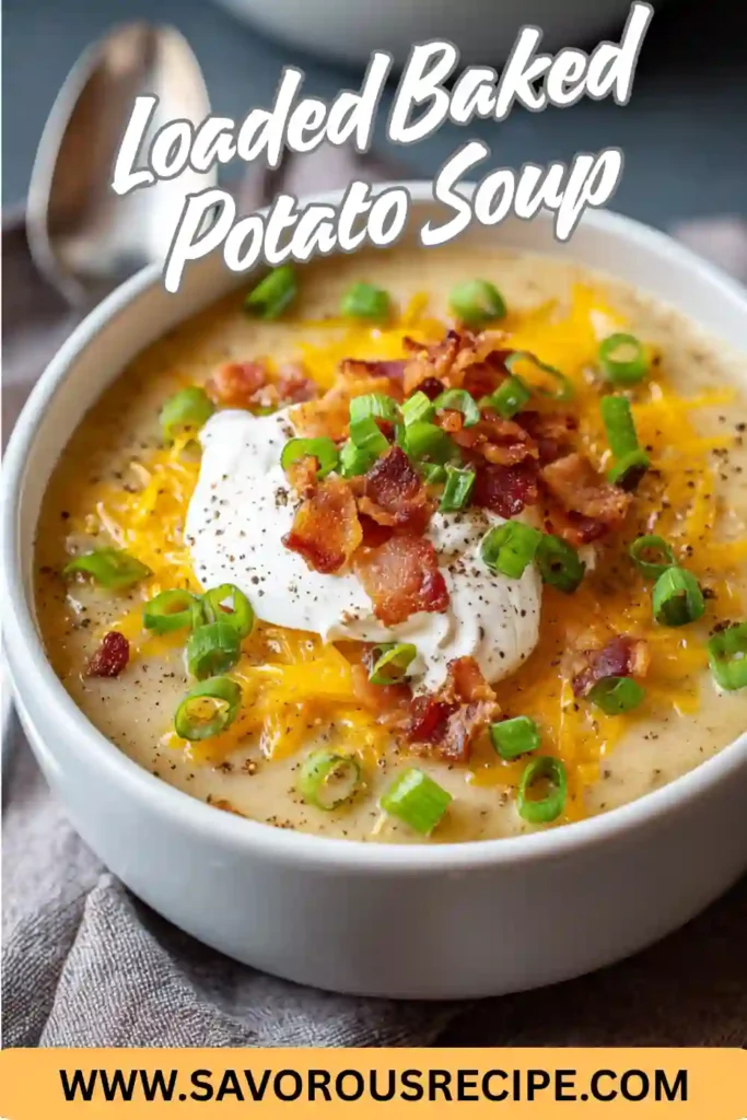 loaded baked potato soup in white bowl with cheddar cheese, bacon, sour cream, and green onions