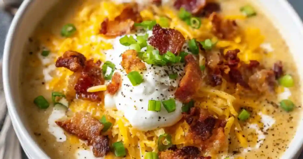 loaded baked potato soup topped with sour cream, crispy bacon, cheddar cheese, and green onions