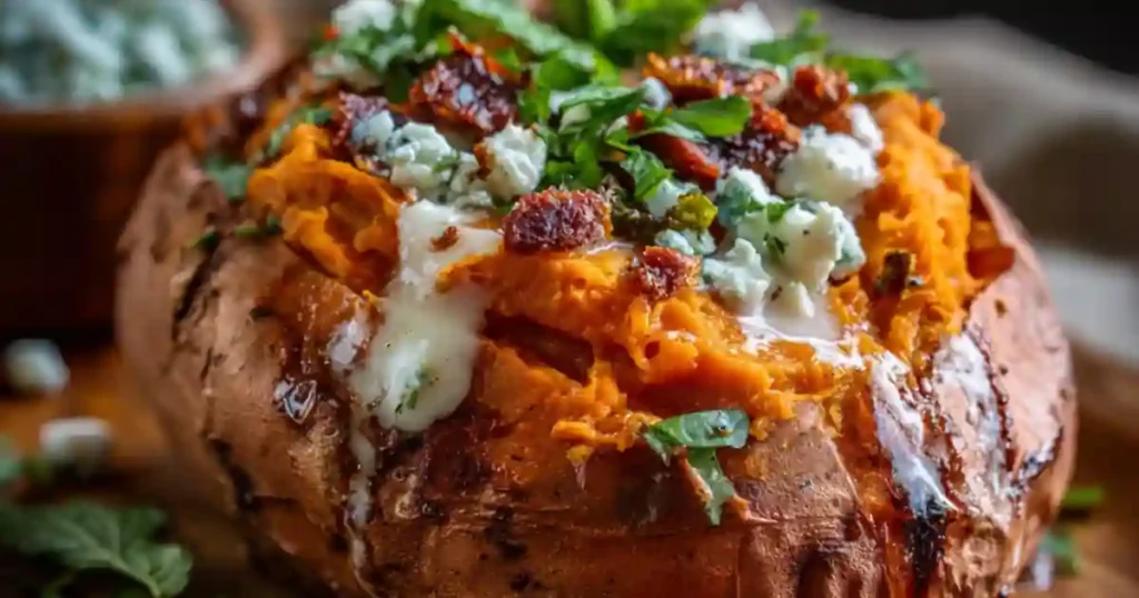 Loaded baked sweet potato topped with crumbled cheese, herbs, bacon bits, and creamy sauce