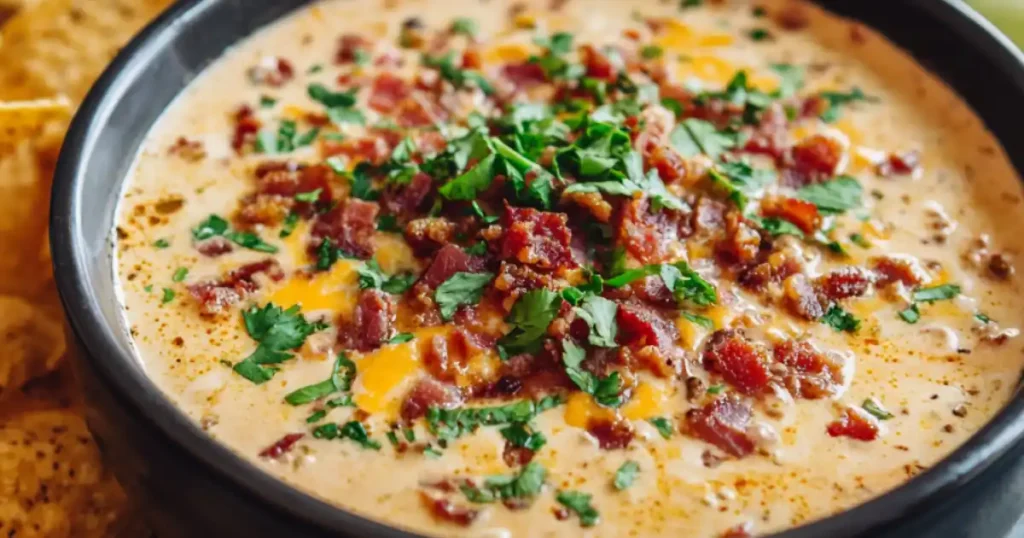 cheesy beef queso dip topped with crispy bacon and fresh cilantro in a black bowl