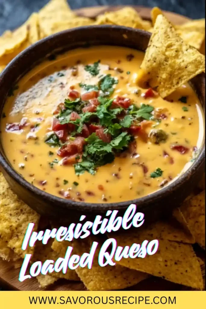 vertical image of cheesy loaded queso dip garnished with tomatoes and cilantro, surrounded by tortilla chips
