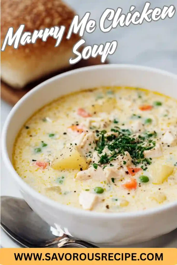 creamy marry me chicken soup with potatoes, peas, carrots, and fresh herbs in a white bowl