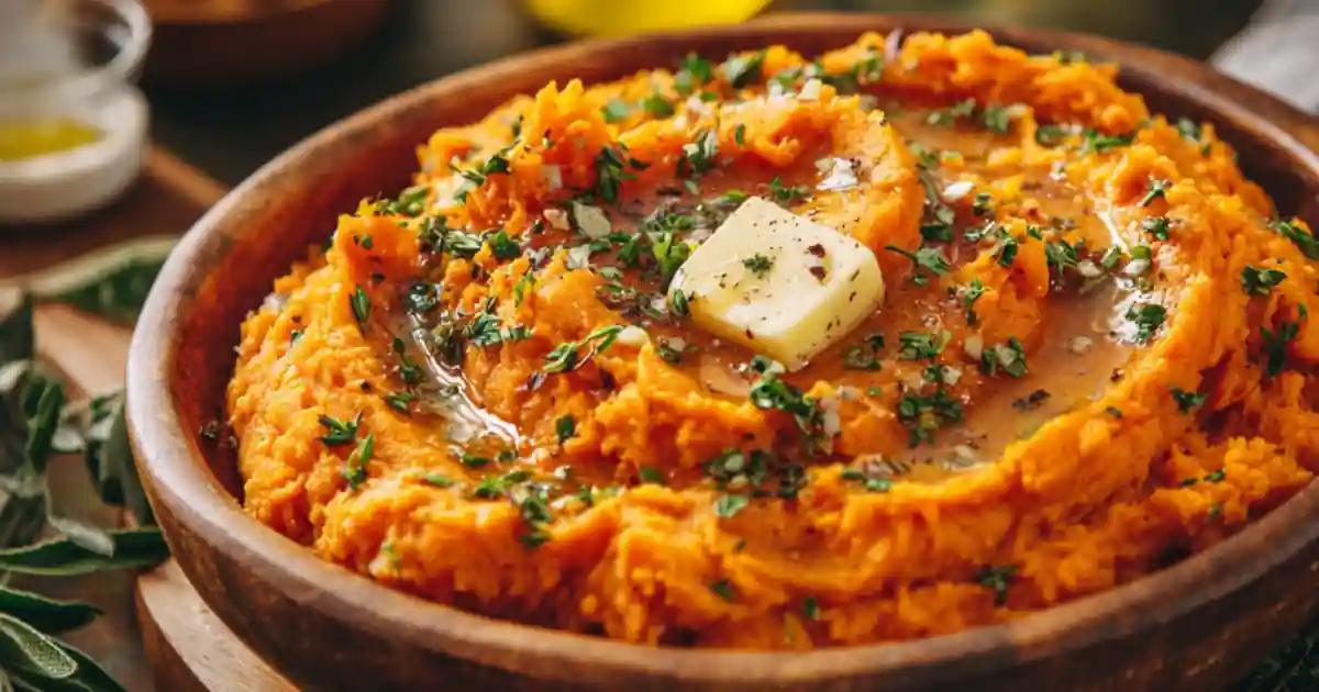 creamy mashed sweet potatoes in a wooden bowl topped with butter, herbs, and melted seasoning