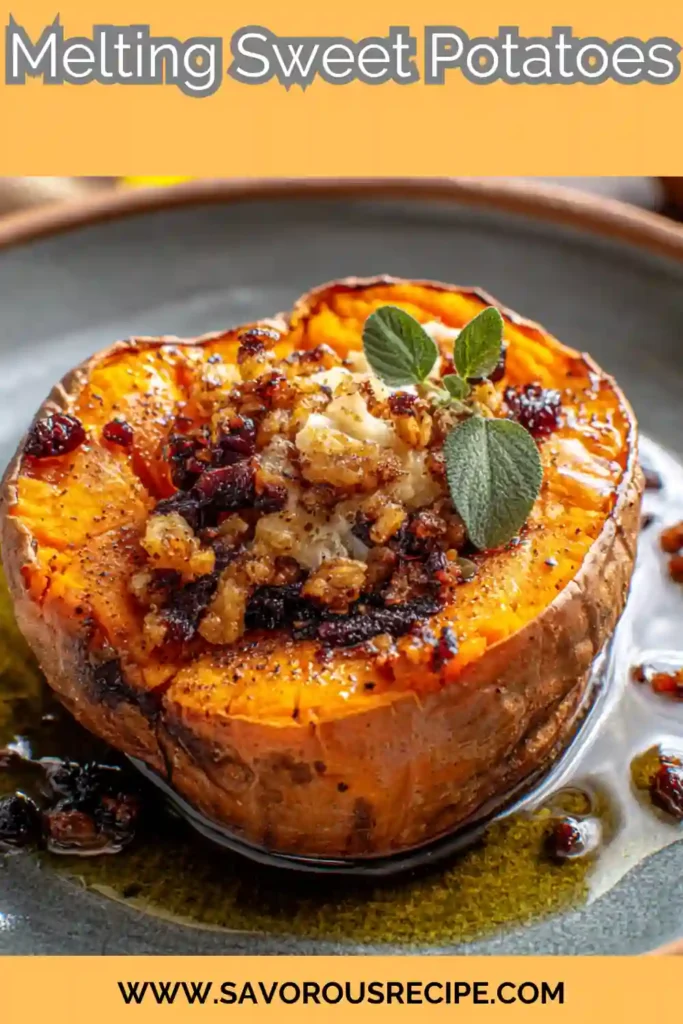 Roasted sweet potato half topped with crispy walnut-pecan crumble, herbs, and butter on a ceramic plate