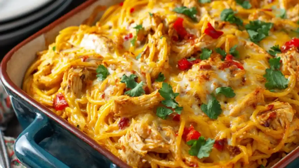 baked Mexican chicken spaghetti with melted cheese, red peppers, and cilantro