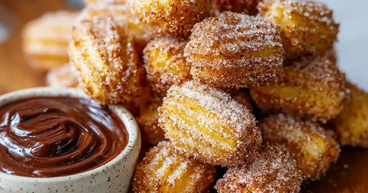 Crispy mini churros coated in cinnamon sugar served with a swirl of rich chocolate dip