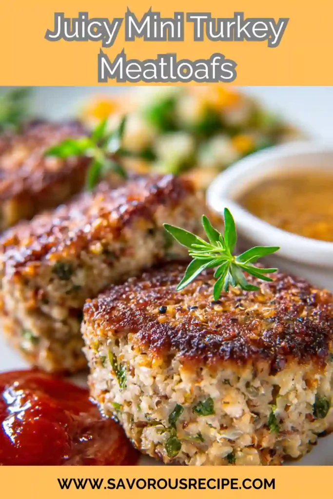 Juicy mini turkey meatloafs served with dipping sauce and ketchup, garnished with herbs