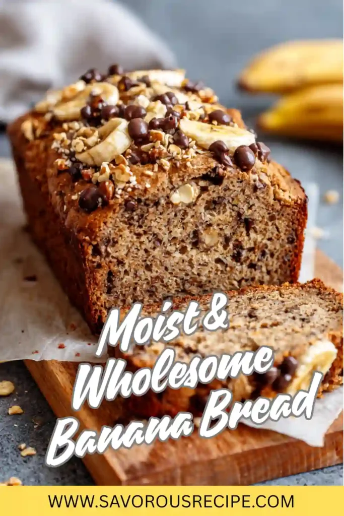 wholesome banana bread loaf topped with banana slices, chocolate chips, and chopped nuts