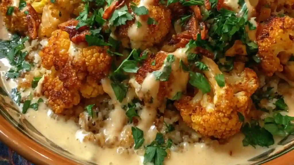 roasted cauliflower with Moroccan spices on couscous, topped with tahini sauce and chopped parsley