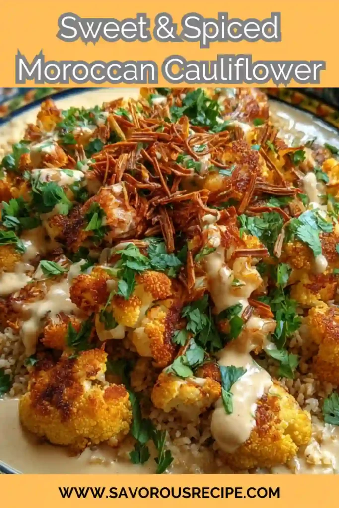 roasted Moroccan-spiced cauliflower on couscous with tahini drizzle, parsley, and crispy toppings