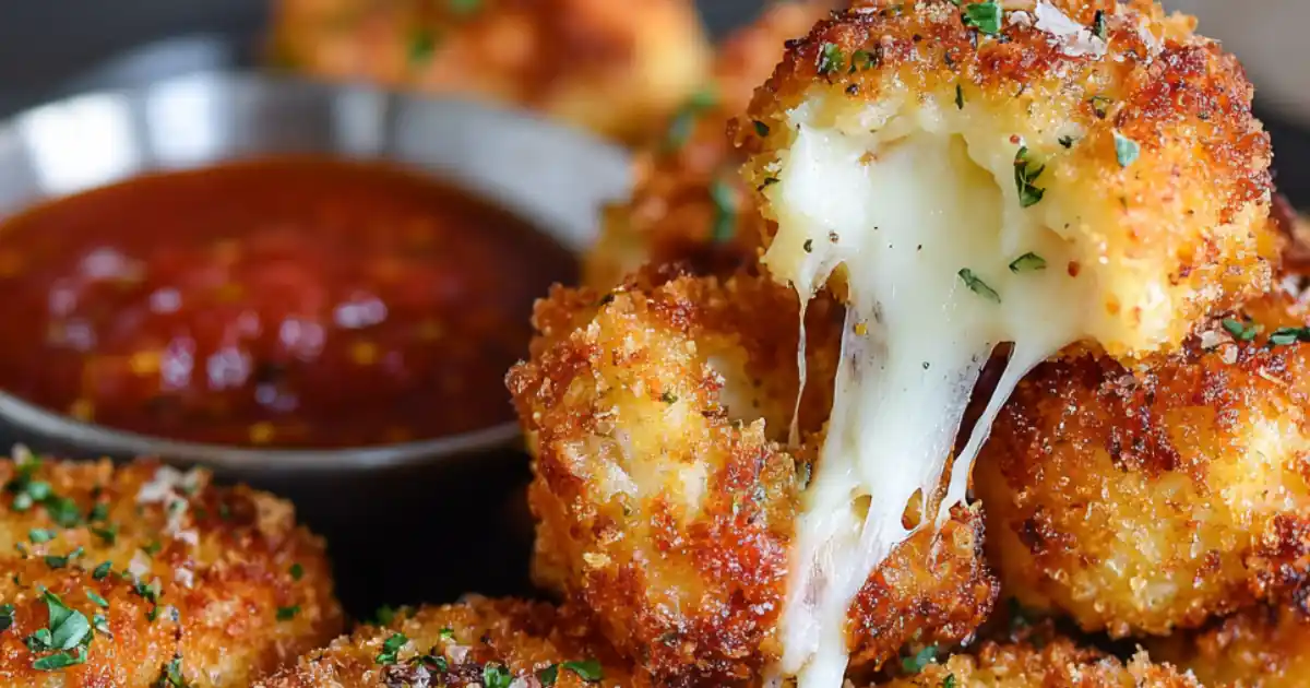 Golden fried mozzarella bites with melted cheese pull, served with marinara dipping sauce