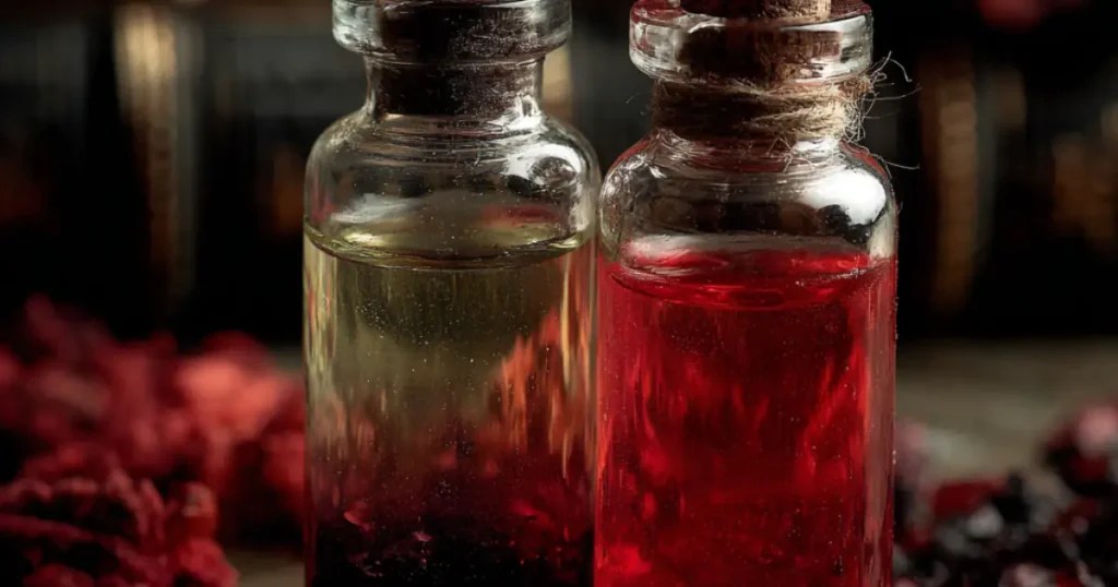 Two glass bottles filled with red and golden liquid, tied with twine, surrounded by dried flowers and dark background