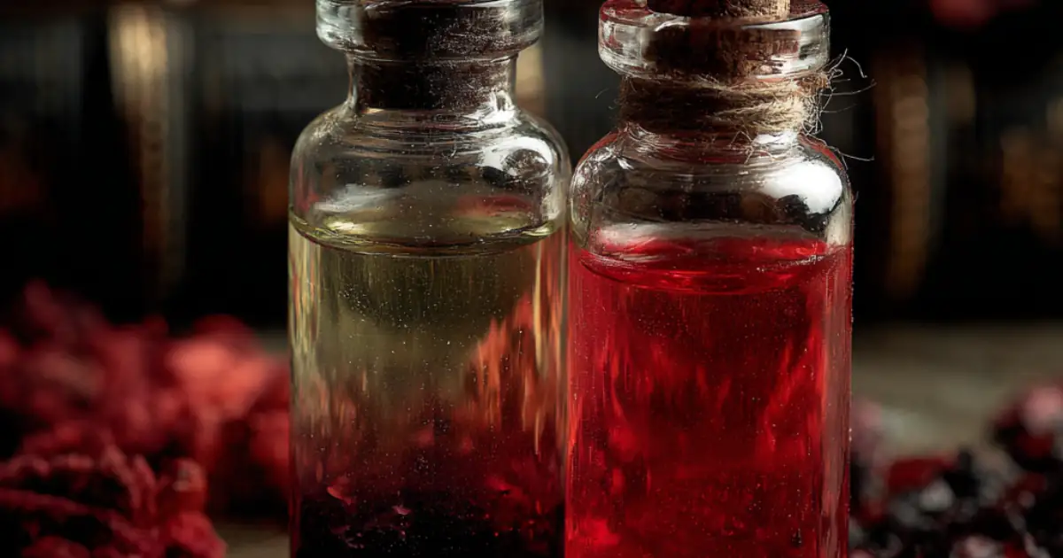 Two glass bottles filled with red and golden liquid, tied with twine, surrounded by dried flowers and dark background