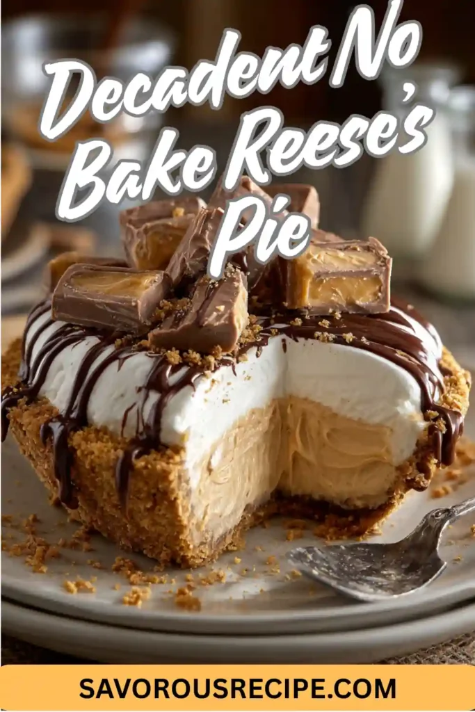 Pinterest pin of no-bake Reese’s peanut butter pie topped with chocolate drizzle and candy pieces