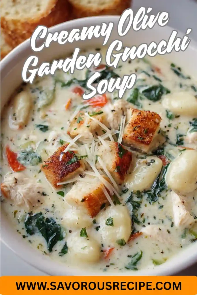 creamy Olive Garden gnocchi soup with grilled chicken, gnocchi, spinach, croutons, and parmesan