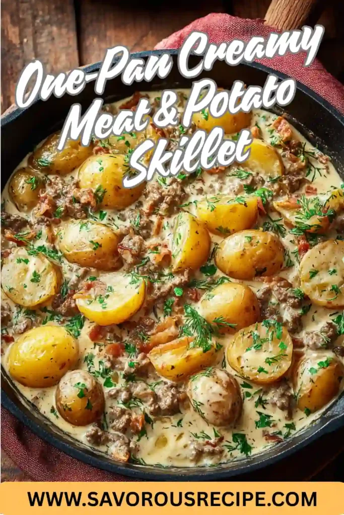 one-pan creamy meat and potato skillet with golden potatoes in a creamy herb sauce