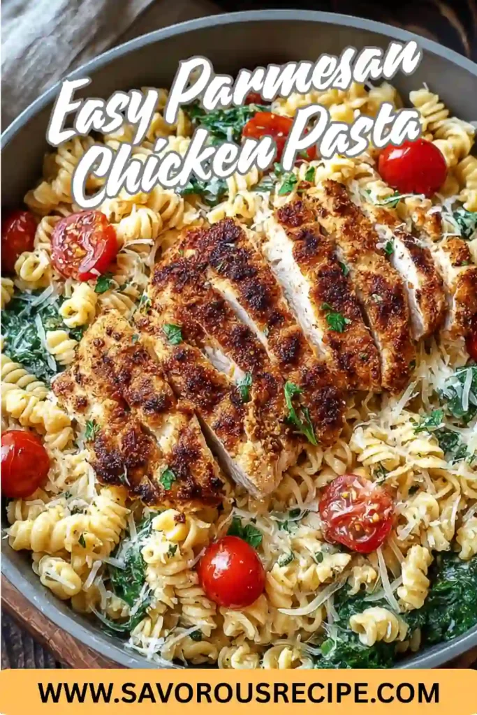 Crispy parmesan chicken breast over creamy rotini pasta with cherry tomatoes and spinach