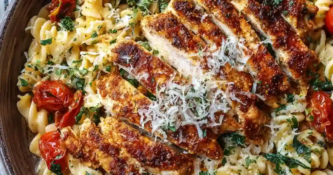 Grilled parmesan chicken slices over creamy rotini pasta with sun-dried tomatoes and herbs
