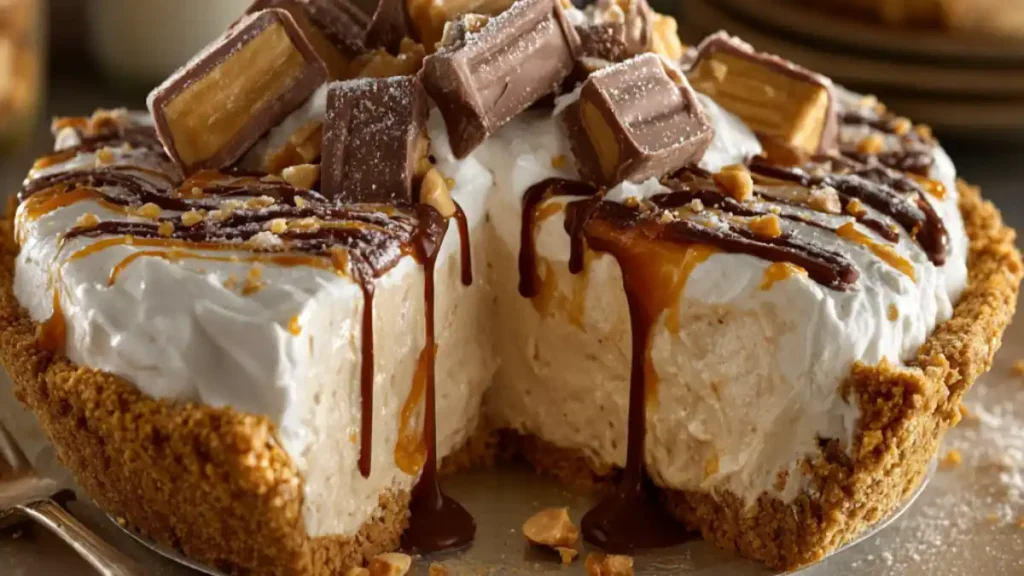 Peanut butter caramel pie topped with chocolate pieces, caramel drizzle, and whipped cream