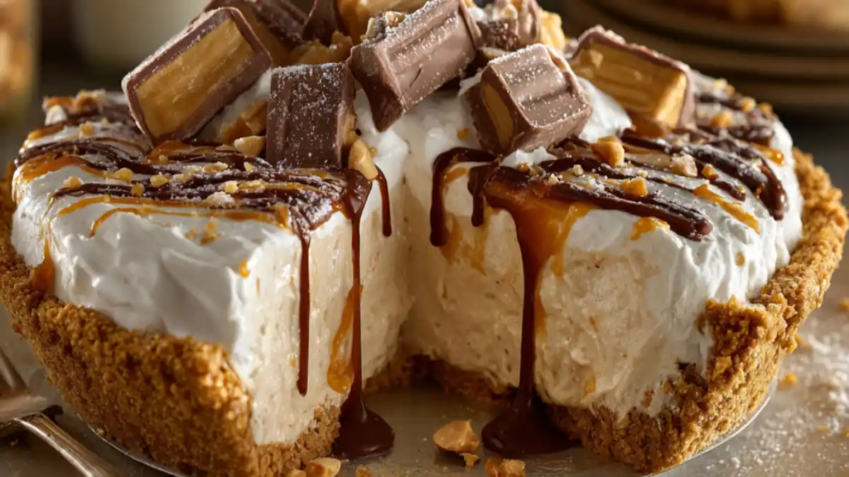 Peanut butter caramel pie topped with chocolate pieces, caramel drizzle, and whipped cream